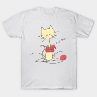 Yellow Knitting Cat - White T-Shirt